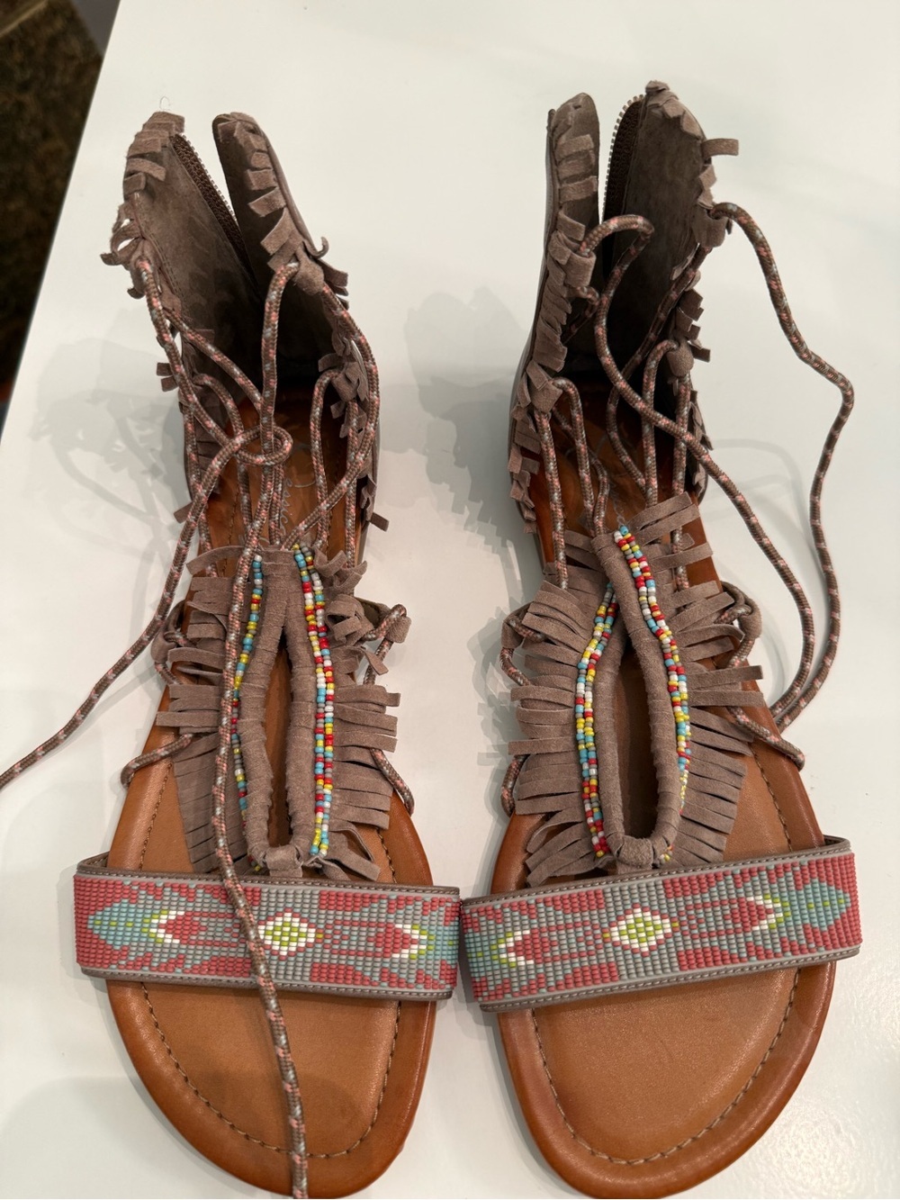 Jessica Simpson Taupe Fringe Gladiator Sandals with Multicolor Beads